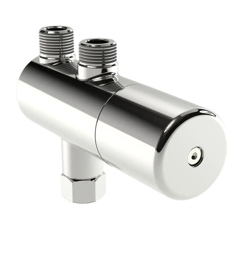 Chromfarbener Sicherheits-Thermostat Vormischer von HANSA mit zwei Anschlüssen für Wasserleitungen und einer zentralen Schraubverbindung.